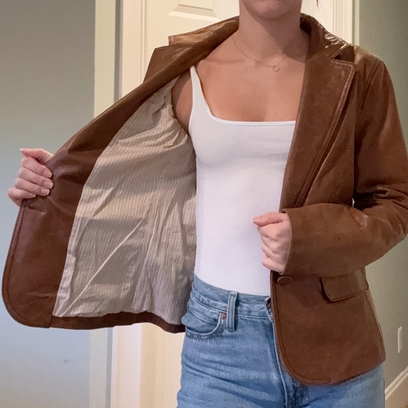 Caramel Brown Blazer-Style Tommy Hilfiger Leather Jacket - Picture 7 of 8